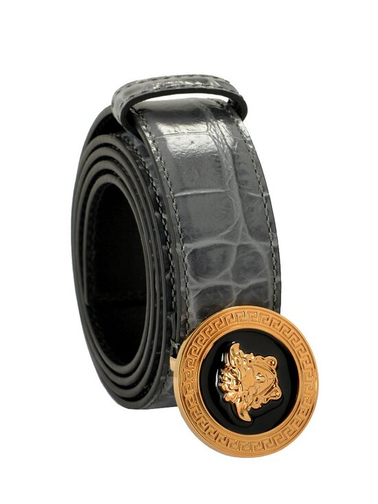 Versace Gray 100%Leather Croc Print Gold Medusa Head Decorated Belt US 36 IT 90